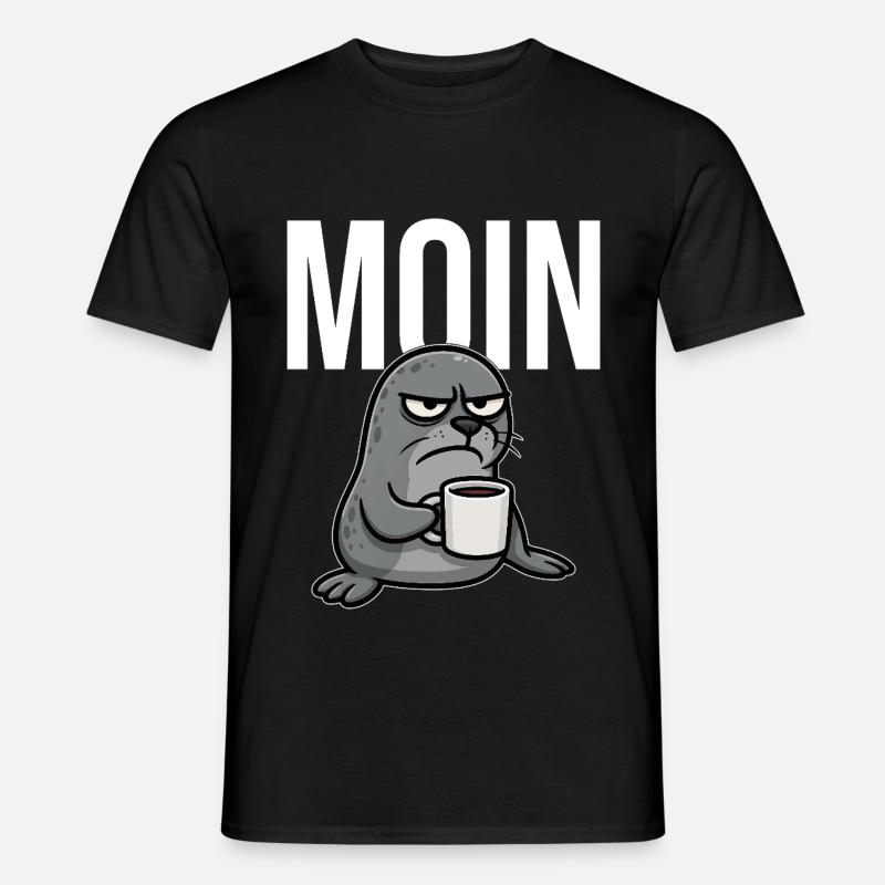 MOIN – Grummelnder Seehund mit Kaffee | Morgenmuff - Männer T-Shirt - Schwarz