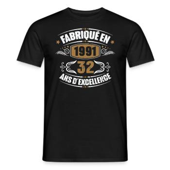Cadeau d'anniversaire 32 ans, Fabriqué en 1991 - T-shirt homme - noir - Devant - AI Model Male 178 light (178cm)