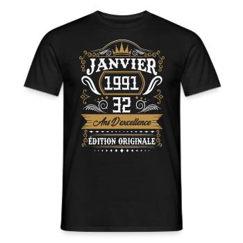Janvier 1991 32 Ans Rétro Cadeau D'anniversaire - T-shirt homme - noir - Devant - AI Model Male 178 light (178cm)