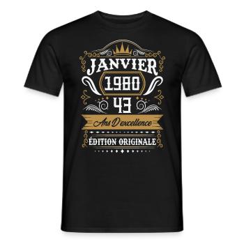 Janvier 1980 43 Ans Rétro Cadeau D'anniversaire - T-shirt homme - noir - Devant - AI Model Male 178 light (178cm)
