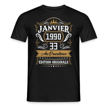 Janvier 1990 33 Ans Rétro Cadeau D'anniversaire - T-shirt homme - noir - Devant - AI Model Male 178 light (178cm)