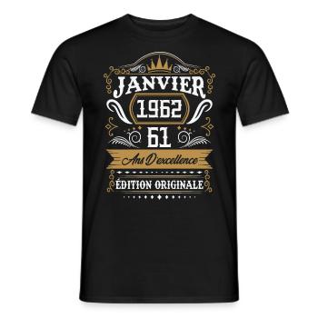 Janvier 1962 61 Ans Rétro Cadeau D'anniversaire - T-shirt homme - noir - Devant - AI Model Male 178 light (178cm)