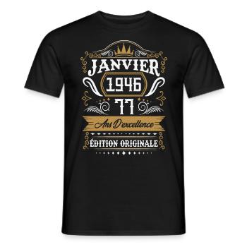 Janvier 1946 77 Ans Rétro Cadeau D'anniversaire - T-shirt homme - noir - Devant - AI Model Male 178 light (178cm)