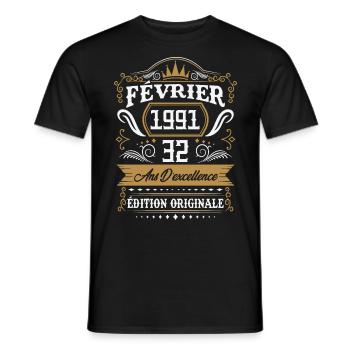 Février 1991 32 Ans Rétro Cadeau D'anniversaire - T-shirt homme - noir - Devant - AI Model Male 178 light (178cm)