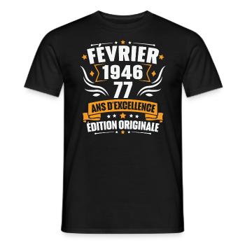 Vintage Cadeau Février 1946, 77 Ans Anniversaire - T-shirt homme - noir - Devant - AI Model Male 178 light (178cm)
