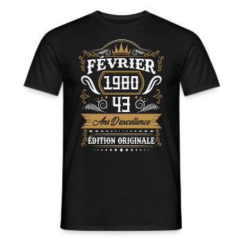 Février 1980 43 Ans Rétro Cadeau D'anniversaire - T-shirt homme - noir - Devant - AI Model Male 178 light (178cm)