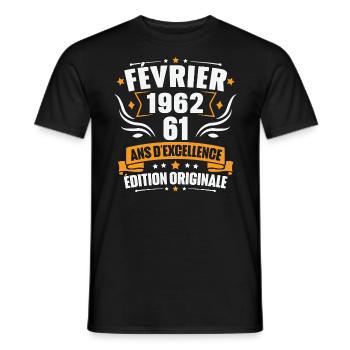 Vintage Cadeau Février 1962, 61 Ans Anniversaire - T-shirt homme - noir - Devant - AI Model Male 178 light (178cm)