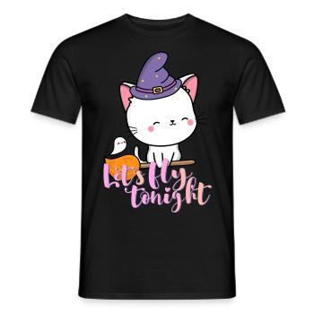 Halloween cat on broom and boo Lets fly tonight - Men's T-Shirt - black - Front - AI Model Male 178 light (178cm)
