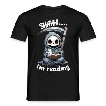 Sensenmann liest ein Buch mit Kaffee - Männer T-Shirt - Schwarz - Vorne - AI Model Male 178 light (178cm)
