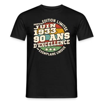 anniversaire 1933 - né en juin 1933 - 90 ans - T-shirt homme - noir - Devant - AI Model Male 178 light (178cm)