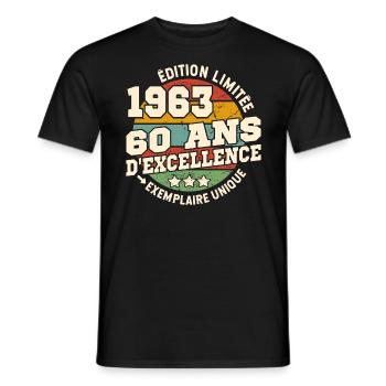 Exemplaire unique né en 1963 - 60 ans - T-shirt homme - noir - Devant - AI Model Male 178 light (178cm)