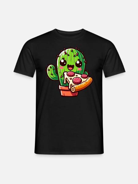 Kawaii Kaktus mit Pizza, Comic-Stil - Männer T-Shirt - Schwarz