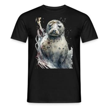 Sceau doux mignon réaliste aquarelle - T-shirt homme - noir - Devant - AI Model Male 178 light (178cm)