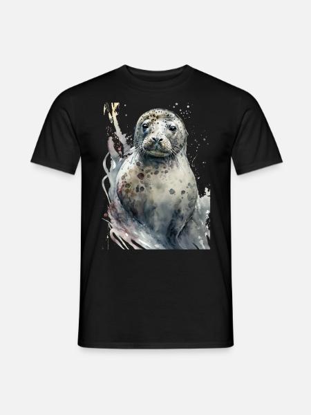 Robbe Süß Niedlich Realistisch Aquarell - Männer T-Shirt - Schwarz