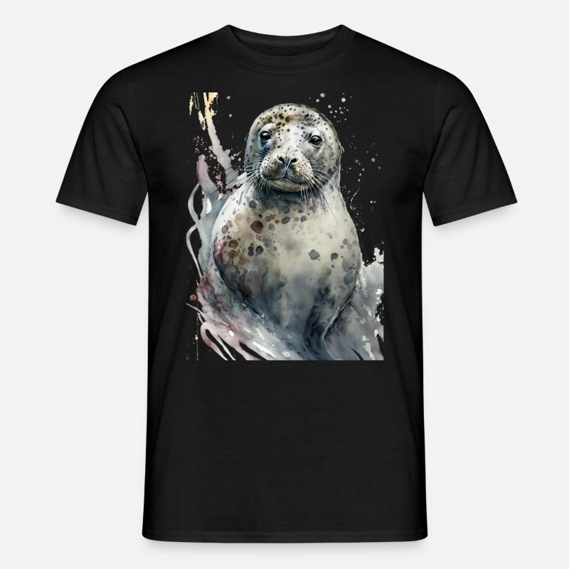 Robbe Süß Niedlich Realistisch Aquarell - Männer T-Shirt - Schwarz