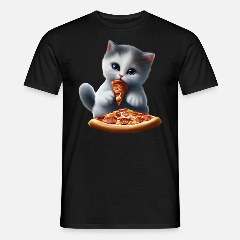 Katze isst Pizza - Männer T-Shirt - Schwarz