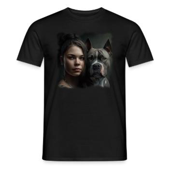Young woman with dog (American Bulldog) - Men's T-Shirt - black - Front - AI Model Male 178 light (178cm)