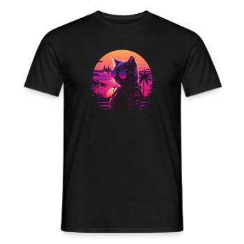 Synthwave cat sunset - Men's T-Shirt - black - Front - AI Model Male 178 light (178cm)