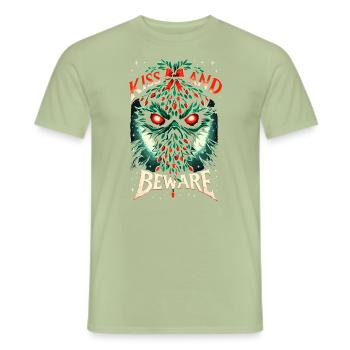 Kiss and Beware - Sinister Mistletoe - Men's T-Shirt - sage - Front - AI Model Male 178 light (178cm)