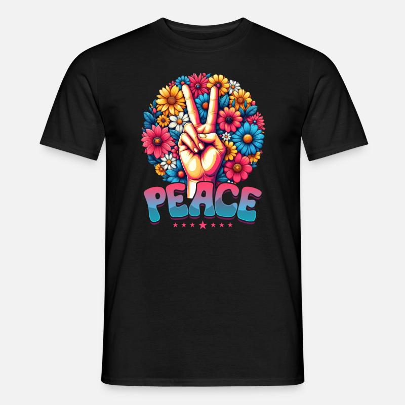 Frieden & Peace Zeichen, Blumen - Männer T-Shirt - Schwarz