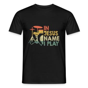 In Jesus Name I Play Drummer Christian Catholic Dr - Men's T-Shirt - black - Front - AI Model Male 178 light (178cm)