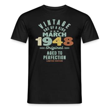 March 1948 - 75 years old - 75th birthday - Men's T-Shirt - black - Front - AI Model Male 178 light (178cm)