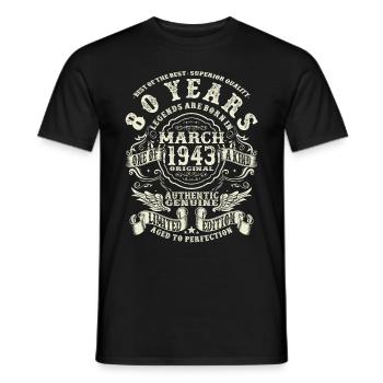 80 years old - legend born in march 1943 - Men's T-Shirt - black - Front - AI Model Male 178 light (178cm)