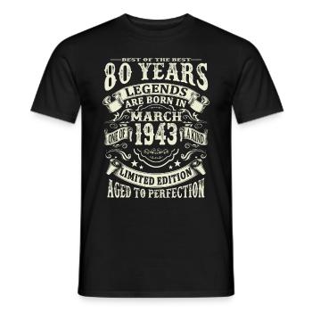 Legend born in March 1943 - 80 years old - Men's T-Shirt - black - Front - AI Model Male 178 light (178cm)