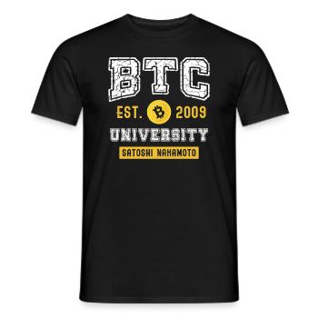 BTC Bitcoin University Satoshi Nakamoto - Männer T-Shirt - Schwarz - Vorne - AI Model Male 178 light (178cm)