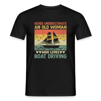 Never Underestimate An Old Woman Who Loves Boating - Men's T-Shirt - black - Front - AI Model Male 178 light (178cm)