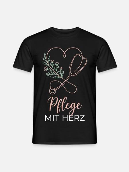 Pflege mit Herz Floral - Männer T-Shirt - Schwarz