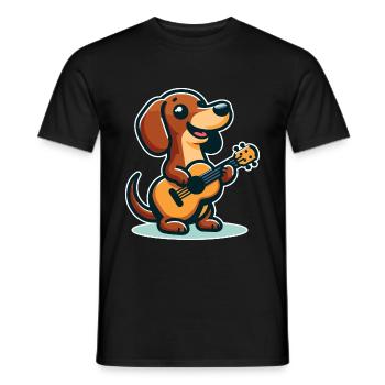 Teckel mignon jouant de la guitare - T-shirt homme - noir - Devant - AI Model Male 178 light (178cm)