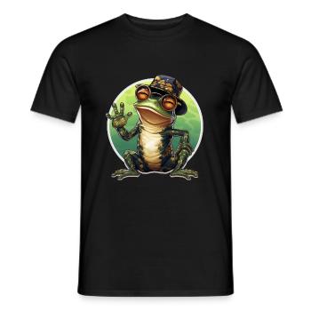 Happy cool frog with glasses and hat waving - Men's T-Shirt - black - Front - AI Model Male 178 light (178cm)