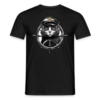 Cat Captain at the Steering Wheel - Maritime Animal Design - Men's T-Shirt - black - Front - AI Model Male 178 light (178cm)