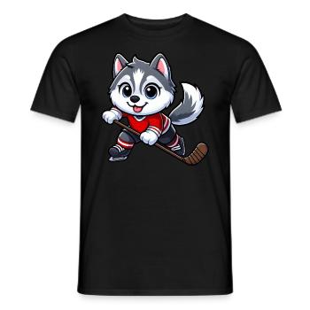 Niedlicher Hund Husky Eishockeyspieler Cartoon - Männer T-Shirt - Schwarz - Vorne - AI Model Male 178 light (178cm)