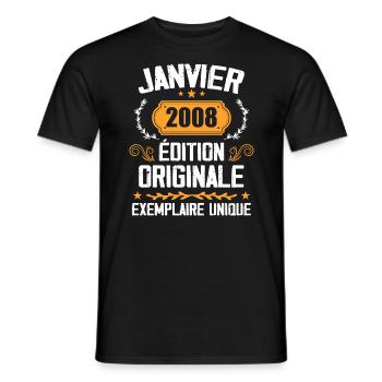 Anniversaire Cadeau Millésime Janvier 2008 - 2008 - T-shirt homme - noir - Devant - AI Model Male 178 light (178cm)