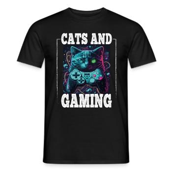 Cats and Gaming Cat Kitten Controller Gaming - Men's T-Shirt - black - Front - AI Model Male 178 light (178cm)