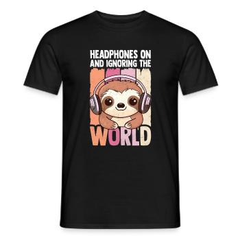 Kawaii Sloth Headphones Listening to Music - Men's T-Shirt - black - Front - AI Model Male 178 light (178cm)