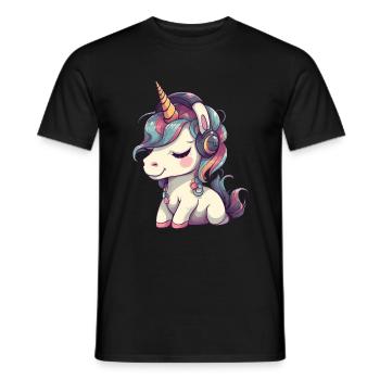 Licorne avec écouteurs mélomanes - T-shirt homme - noir - Devant - AI Model Male 178 light (178cm)