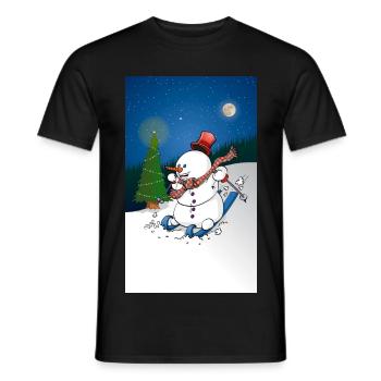 Illustration of a cheerful snowman on skis - Men's T-Shirt - black - Front - AI Model Male 178 light (178cm)