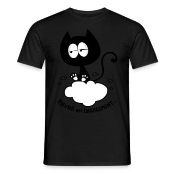 Chat réveil en chargement, humour de chat ! - T-shirt homme - noir - Devant - AI Model Male 178 light (178cm)