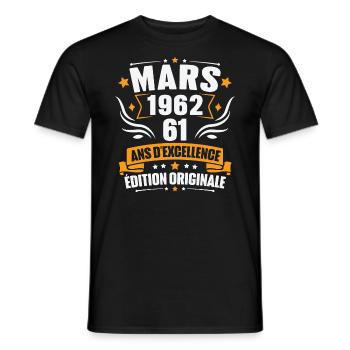 Vintage Cadeau Mars 1962, 61 Ans Anniversaire - T-shirt homme - noir - Devant - AI Model Male 178 light (178cm)