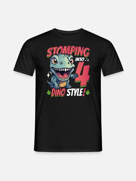 T-Rex Turning 4 Stomping into 4th Dino Style Bday - Men's T-Shirt - black