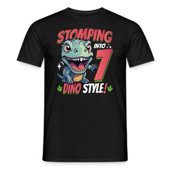 T-Rex Turning 7: Stomping into 7th Dino Style Bday - Men's T-Shirt - black - Front - AI Model Male 178 light (178cm)
