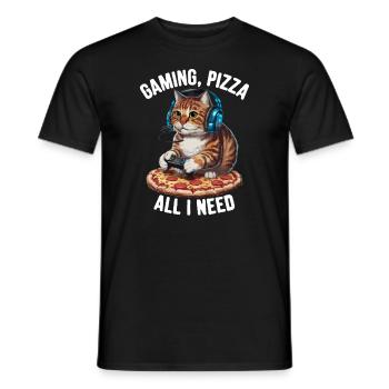 Funny Cats Gaming Pizza Gamer Gamer Gaming - Men's T-Shirt - black - Front - AI Model Male 178 light (178cm)