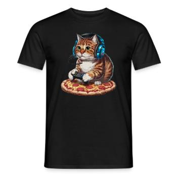 Funny Cats Gaming Pizza Gamer Gamer Gaming - Men's T-Shirt - black - Front - AI Model Male 178 light (178cm)