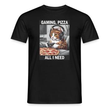 Funny Cats Gaming Pizza Gamer Gamer Gaming - Men's T-Shirt - black - Front - AI Model Male 178 light (178cm)