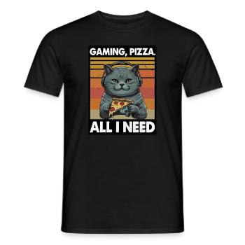 Funny Cats Gaming Pizza Gamer Gamer Gaming - Men's T-Shirt - black - Front - AI Model Male 178 light (178cm)