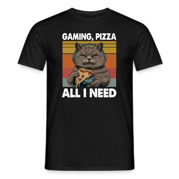 Funny Cats Gaming Pizza Gamer Gamer Gaming - Men's T-Shirt - black - Front - AI Model Male 178 light (178cm)