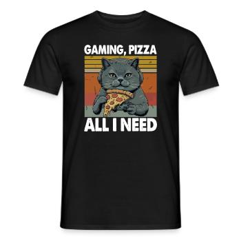 Funny Cats Gaming Pizza Gamer Gamer Gaming - Men's T-Shirt - black - Front - AI Model Male 178 light (178cm)